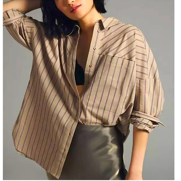 Pilcro and the Letterpress Tops - NWT Anthropologie Pilcro Boyfriend Shirt, Button Down, Khaki w/ Stripe, Size XL